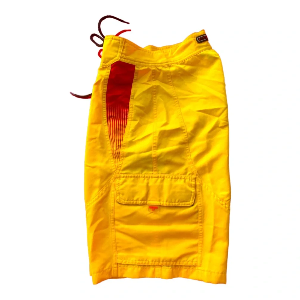 FOX VINTAGE Bright Yellow Red & Black Swim Trunks - Size 26 - Picture 2 of 7